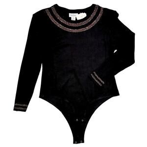 Oleg Cassini NWT Womens Bodysuit size XL Black with Beading Around‎ the Neckline